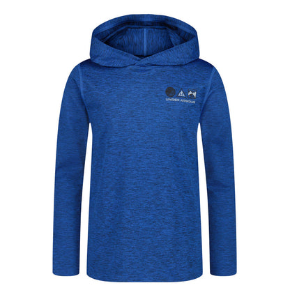 Chandail - Under Armour bleu à capuche en polyester et spandex, manches longues, pour garçon, vue de face.
