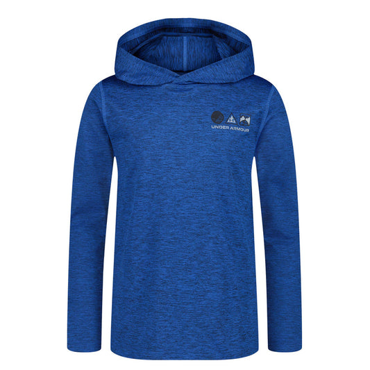 Chandail - Under Armour bleu à capuche en polyester et spandex, manches longues, pour garçon, vue de face.