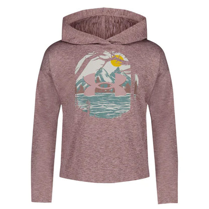 Chandail - Under Armour rose à capuche avec logo paysage montagne et soleil, en polyester et spandex, fille, vue de face
