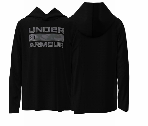 Chandail - Under Armour noir en polyester et spandex pour garçon, avec capuchon, vue de dos et devant.