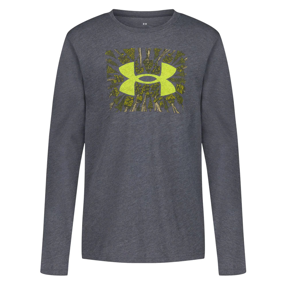 Chandail - Under Armour gris foncé à manches longues avec logo jaune vert fluo, 50% coton 50% polyester, pour garçon, vue de face