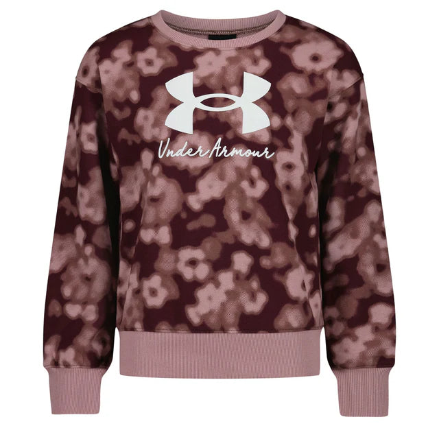 Chandail - Under Armour pour fille bordeaux à motifs floraux roses, logo blanc, col rond, vue de face
