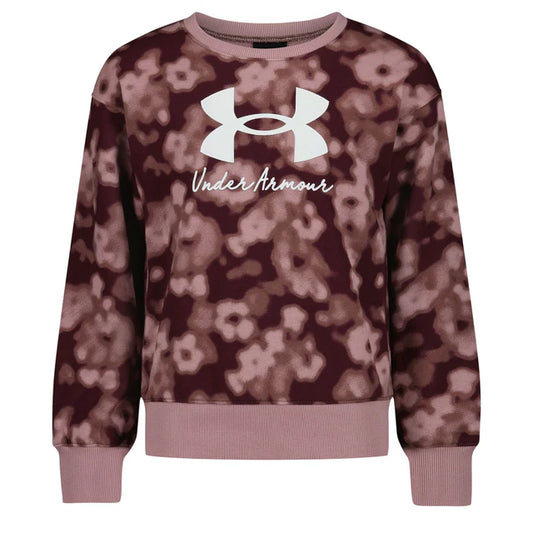 Chandail - Under Armour pour fille bordeaux à motifs floraux roses, logo blanc, col rond, vue de face