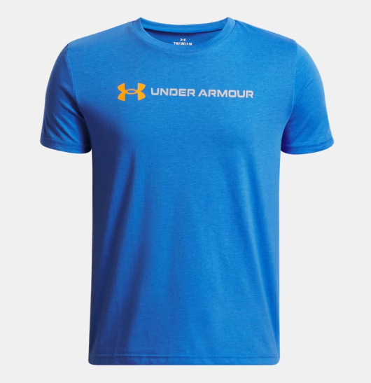 T-Shirt - Under Armour bleu royal avec logo orange en coton polyester, style garçon, vue de face.