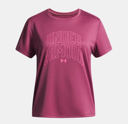 T-Shirt - Under Armour rose fuchsia en polyester, manches courtes, pour fille, vue de face.