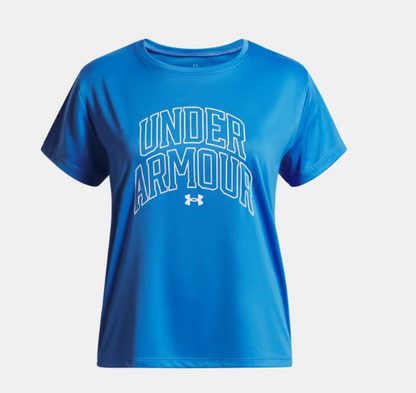 T-Shirt - Under Armour bleu en polyester avec logo blanc, manches courtes, pour fille, vue de face.