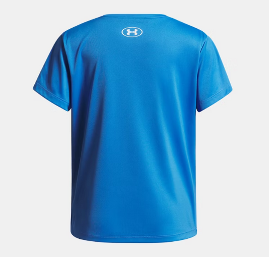 T-Shirt - Under Armour bleu en polyester pour fille, manches courtes, vue de dos avec logo blanc au col