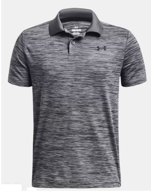 Polo UA Performance - Under Armour gris chiné à manches courtes pour garçon, col polo, vue de face sur fond blanc.