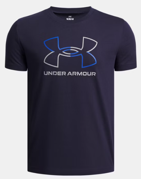 T-Shirt GL Foundation - Under Armour bleu marine avec logo bicolore gris et bleu, coton et polyester, garçon, vue de face.