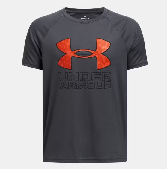 T-shirt à imprimé UA Tech™ Hybride - Under Armour gris foncé avec logo orange, tissu polyester, pour garçon, vue de face