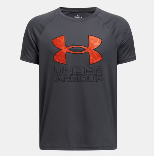 T-shirt à imprimé UA Tech™ Hybride - Under Armour gris foncé avec logo orange, tissu polyester, pour garçon, vue de face