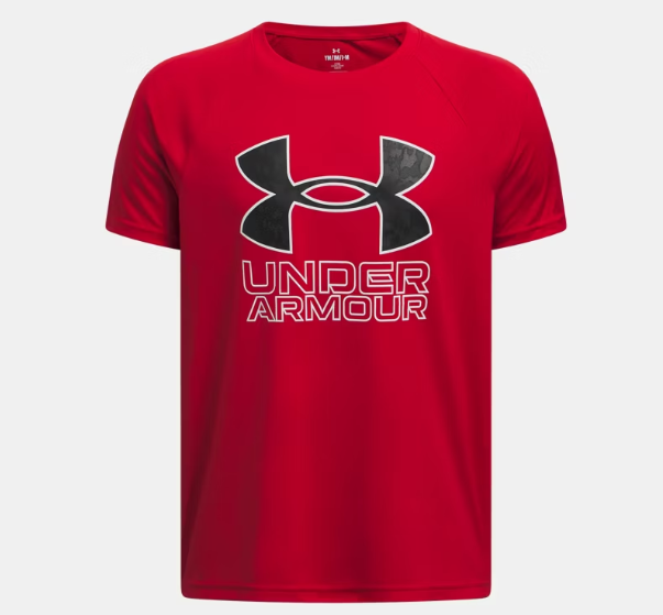 T-shirt à imprimé UA Tech™ Hybride - Under Armour rouge avec logo noir et blanc, tissu polyester, pour garçon, vue de face