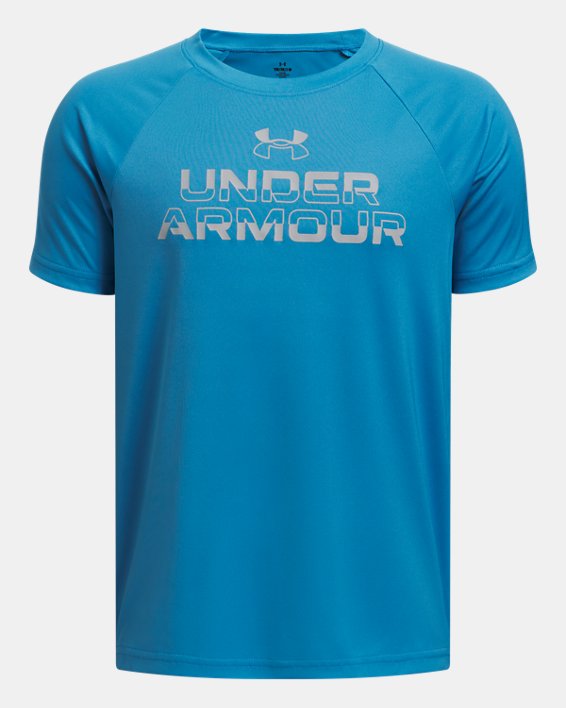 T-shirt avec imprimé en dégradé UA Tech - Under Armour bleu pour garçon, tissu polyester léger, vue de face.