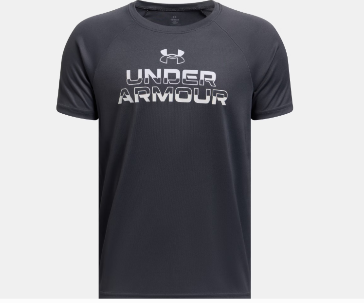 T-shirt avec imprimé en dégradé UA Tech - Under Armour noir avec logo blanc, tissu polyester léger, pour garçon, vue de face.