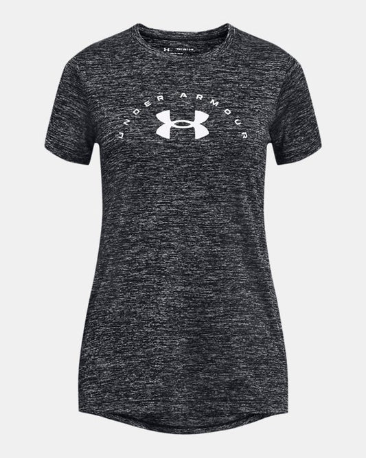 T-Shirt gros logo UA Tech™ Twist Arch - Under Armour gris foncé chiné en polyester pour fille, vue de face, col rond manches courtes.