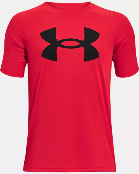 T-shirt UA Tech™ à gros logo - Under Armour rouge à manches courtes avec logo noir, tissu technique, vue de face sur fond blanc.