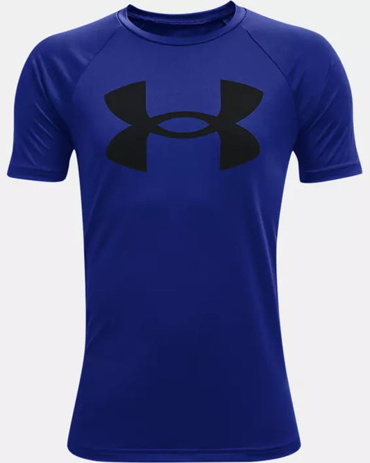 T-Shirt UA Tech gros logo - Under Armour bleu royal avec logo noir, tissu UA Tech, vue de face, homme adulte.
