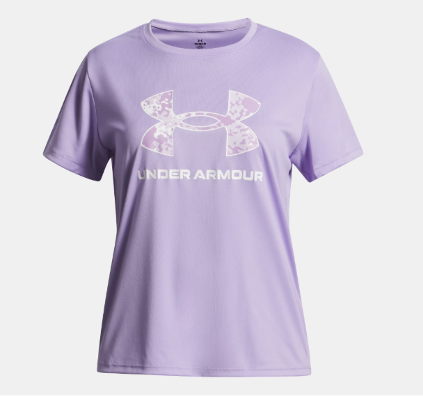 T-Shirt UA Tech™ Print Fill - Under Armour lilas en polyester avec grand logo blanc et rose, pour fille, vue de face
