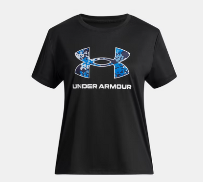 T-Shirt UA Tech™ - Under Armour noir avec logo camouflage bleu et blanc, 100% polyester, pour fille, vue de face.