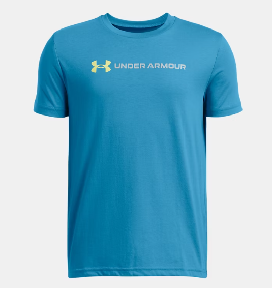 T-Shirt - Under Armour bleu ciel en coton polyester 60 40, logo jaune devant, pour garçon, vue de face.