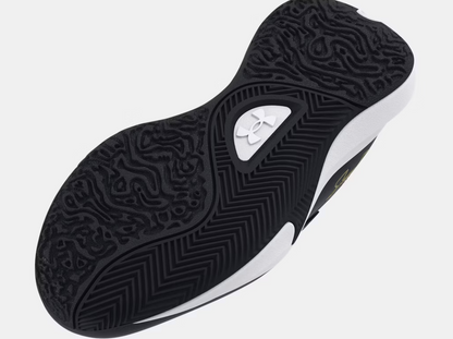 Espadrilles Lockdown 7 - Under Armour semelle extérieure noire et blanche avec logo, vue de dessous détaillée pour enfant.