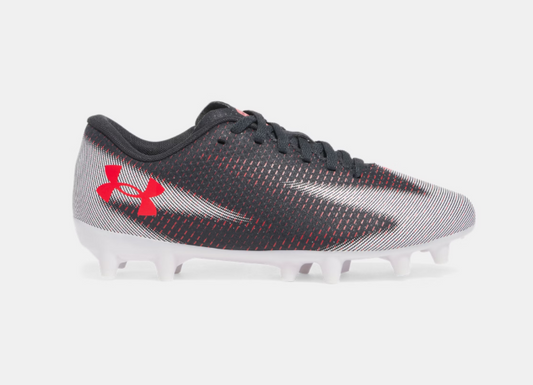 Chaussures de soccer - UA Shawow Select 3 Under Armour noir, blanc et rouge, cuir synthétique, vue de profil droit enfant.