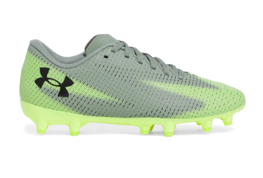 Chaussures de soccer - UA Shawow Select 3 Under Armour vertes et jaunes à crampons, tige synthétique, vue de profil droit garçon