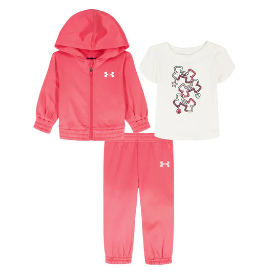 Ensemble 3 Mcx - Under Armour fille rose vif et blanc, veste à capuche, pantalon et t-shirt logo graphique, vue de face.