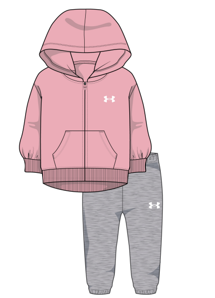 Ensemble - Under Armour, sweat à capuche rose et pantalon gris en tissu coton, pour enfant, vue de face, style décontracté.
