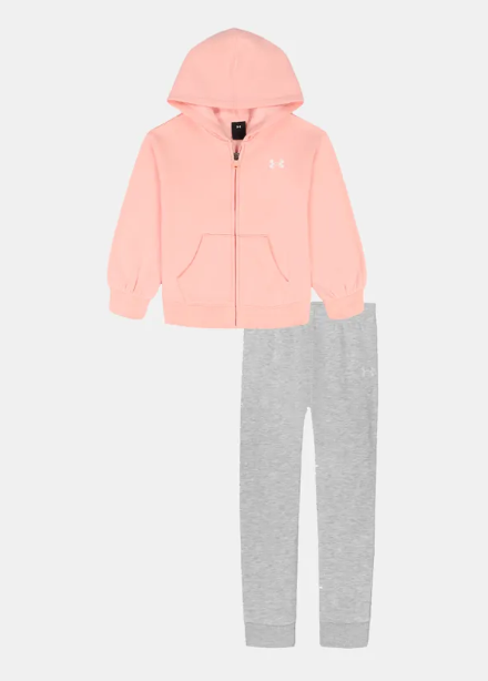 Ensemble - Under Armour fille avec sweat à capuche rose à fermeture zippée et pantalon gris en tissu molletonné, vue de face