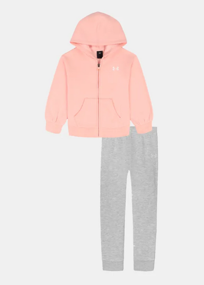 Ensemble - Under Armour fille avec sweat à capuche rose à fermeture zippée et pantalon gris en tissu molletonné, vue de face