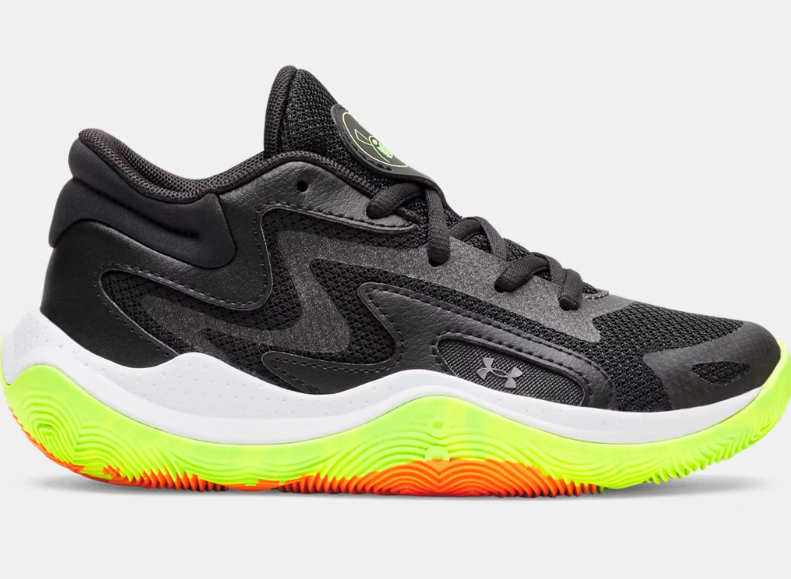 Espadrilles UA Jet'25 - Under Armour noires et grises avec semelle verte fluo et orange, mesh et cuir, vue de profil gauche pour enfant.