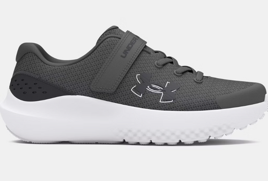 Espadrilles - UA Surge 4 AC Under Armour gris foncé en mesh léger, bride scratch, semelle blanche, garçon, vue de profil droit