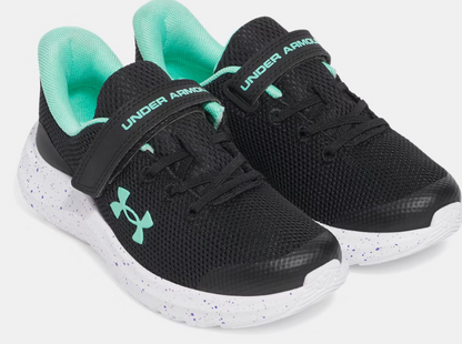 Espadrilles - Pursuit 4 AC Under Armour noires et turquoise avec semelle blanche tachetée, mesh léger, pour fille, vue de profil côté intérieur