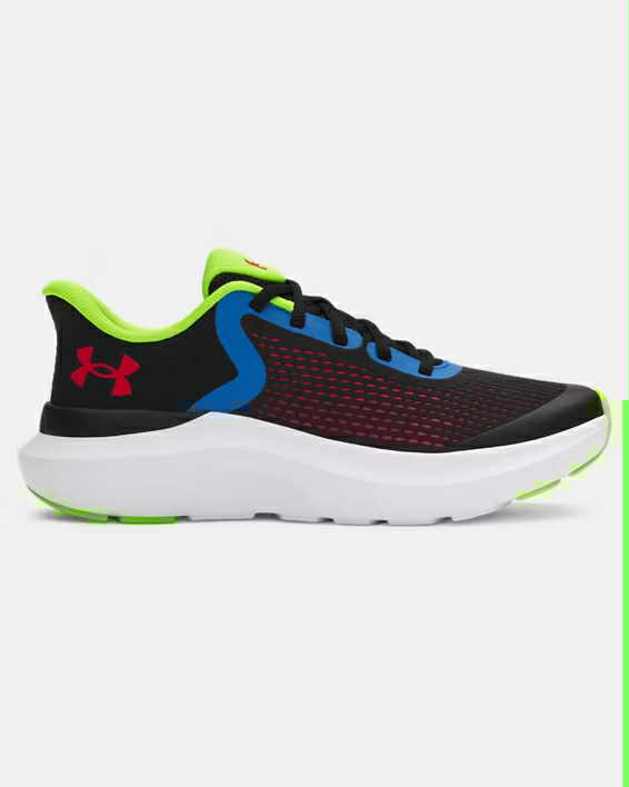 Espadrilles Rogue 5 - Under Armour noires et vert fluo avec détails bleus et rouges, mesh respirant, vue de profil droit, enfant.