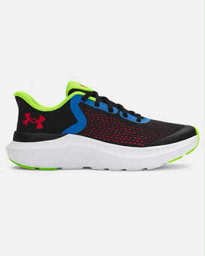 Espadrilles Rogue 5 - Under Armour noires et vert fluo avec détails bleus et rouges, mesh respirant, vue de profil droit, enfant.
