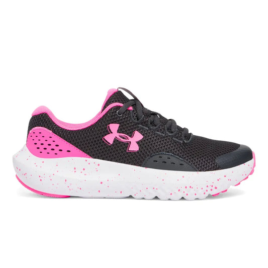 Espadrilles - Surge 4 Under Armour noires et roses, mesh respirant avec semelle blanche à éclats roses, pour fille, vue de profil droit