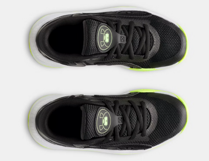 Espadrilles UA GS JET '25 - Under Armour noires avec touches vert fluo, mesh respirant, pour enfant, vue de dessus