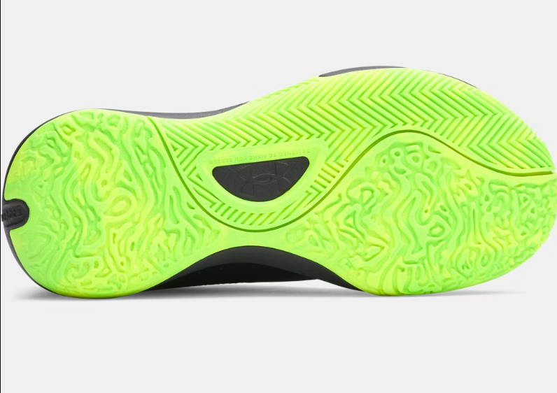 Espadrilles UA Lockdown - Under Armour vue de dessous avec semelle extérieure en caoutchouc vert fluo et noir, pour enfant garçon