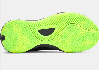 Espadrilles UA Lockdown - Under Armour vue de dessous avec semelle extérieure en caoutchouc vert fluo et noir, pour enfant garçon