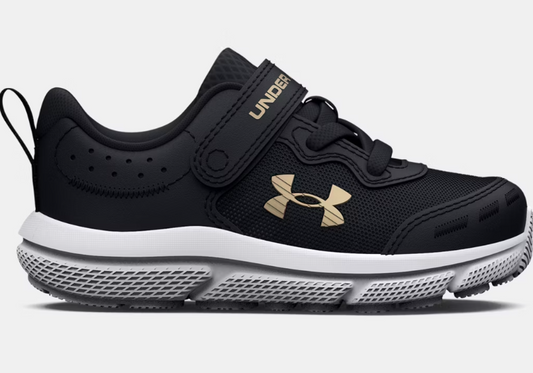 Espadrilles UA Assert 10 AC - Under Armour noires avec détails beige, mesh léger, sangle auto-agrippante, pour enfant, vue de profil droit