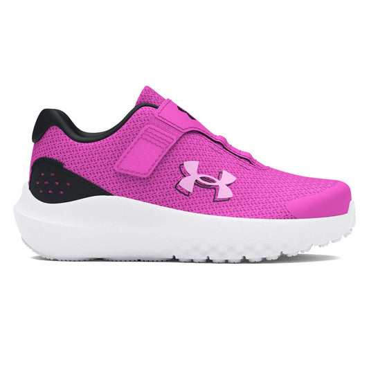 Espadrilles UA Surge 4 AC - Under Armour roses et noires en mesh léger, sangle autoagrippante, pour enfant, vue de profil droit