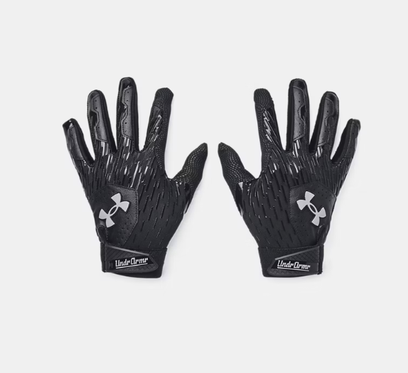 Gants de baseball - Under Armour noirs en tissu HeatGear® et paume synthétique, style adulte, vue de dessus des deux gants