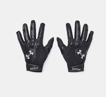 Gants de baseball - Under Armour noirs en tissu HeatGear® et paume synthétique, style adulte, vue de dessus des deux gants