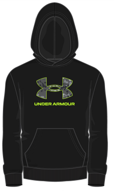 Hoodie - Under Armour noir avec logo camouflage vert fluo, manches longues, style garçon, vue de face