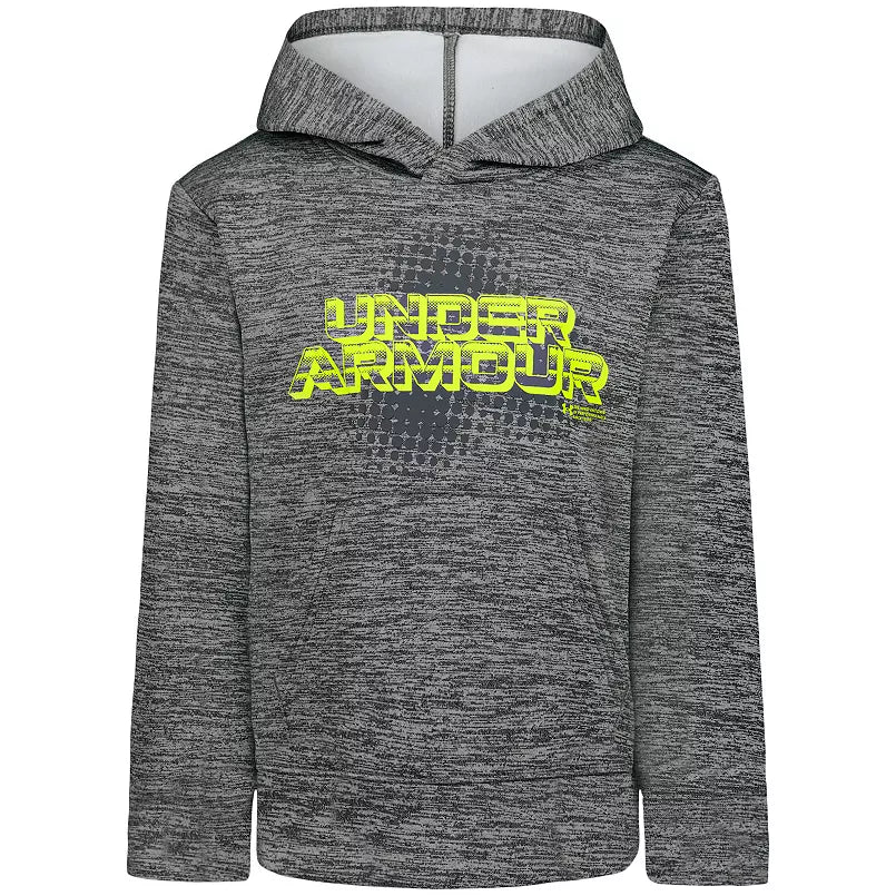 Hoodie - Under Armour gris chiné avec logo jaune fluo, capuche doublée blanche, pour garçon, vue de face
