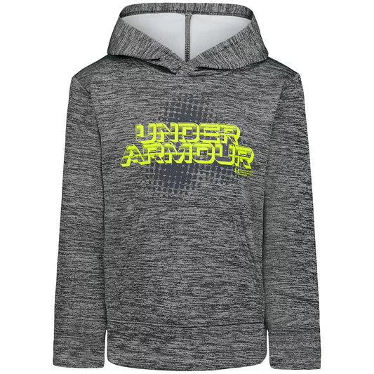 Hoodie - Under Armour gris chiné avec logo jaune fluo, capuche doublée blanche, pour garçon, vue de face
