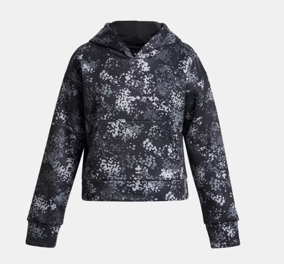 Hoodie Armour Fleece® Print - Under Armour noir et gris à motifs camouflage, tissu polyester, pour fille, vue de face.