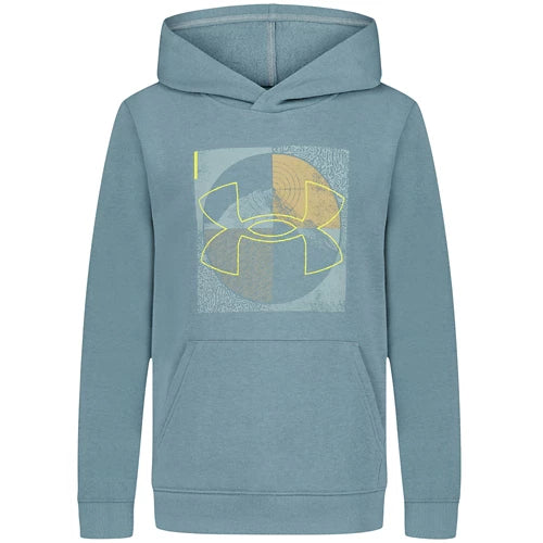 Hoodie - Under Armour bleu gris avec logo jaune clair, style sweatshirt à capuche, pour garçon, vue de face
