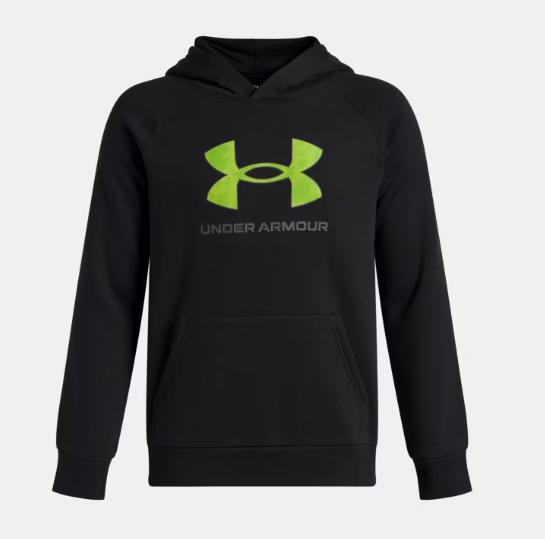 Hoodie - Under Armour noir avec logo vert clair, tissu coton polyester polaire, pour garçon, vue de face.